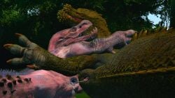 anjanath bodily_fluids brute_wyvern capcom deviljho duo female female/female feral forest genital_fluids genitals hi_res looking_at_viewer monster_hunter open_mouth plant presenting pussy pussy_juice spread_legs spread_pussy spreading starkiller tree vaginal_penetration video_games