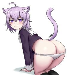 1girls all_fours animal_ears ass bent_over big_ass big_butt blush bottomless butt cat_ears cat_tail dako dakosito eye_contact hololive hololive_gamers hololive_japan humanoid light_skin looking_at_viewer nekomata_okayu panties panties_aside panties_down purple_eyes purple_hair smile solo solo_female tail taill thick_thighs thighs virtual_youtuber