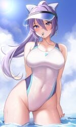 1girls 2d 2d_(artwork) absurd_res absurdres ass_visible_through_thighs aura_(aurapls) bare_arms bare_legs bare_shoulders bare_thighs belly_button belly_button_visible_through_clothing big_breasts cap collarbone earrings female female_focus female_only hi_res highres hips hololive hololive_indonesia hololive_indonesia_area_15 hourglass_figure inframammary_clothing_crease long_hair looking_at_viewer moona_hoshinova navel nekomimi ocean one-piece_swimsuit purple_eyes purple_hair sea slim_waist solo solo_female solo_focus swimsuit swimwear thick_thighs tight_clothing toned toned_female toned_stomach virtual_youtuber water wide_hips