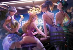 4girls ahri akali ass ass_focus big_ass blonde_hair casual dress elegant evelynn fan_yang female female_only k/da_all_out_ahri k/da_all_out_akali k/da_all_out_evelynn k/da_all_out_kai'sa k/da_all_out_series k/da_series kai'sa league_of_legends light-skinned_female looking_at_viewer looking_back medium_breasts multiple_girls painting_(artwork) presenting presenting_hindquarters succubus tail thick_thighs upskirt