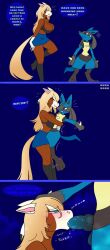 anthro anthro_on_anthro ass big_breasts black_body black_fur blonde_hair blue_body blue_eyes blue_fur blush bodily_fluids breasts brown_body brown_fur claws closed_eyes dialogue dreamworks duo english_text equid equine erection fangs fellatio female fur generation_4_pokemon hair hi_res horse interspecies knot larger_female lucario male male/female mammal multicolored_body multicolored_fur nintendo nipples norakaru nude open_mouth open_smile oral penile pokemon pokemon_(species) rain_(cimarron) red_eyes saliva sex size_difference smaller_male smile speech_bubble spirit:_stallion_of_the_cimarron teeth text thick_thighs video_games water white_body white_fur yellow_body yellow_fur