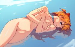 1girls asuka_langley_sohryu blue_eyes breasts choker covering_breasts female female_only hi_res in_water landing_strip looking_at_viewer neon_genesis_evangelion nude optionaltypo orange_hair petite petite_body pussy skinny slim slim_waist small_breasts solo thighs water