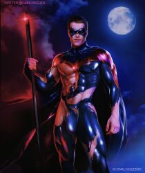 1boy actor batman_(series) batman_and_robin batman_forever bulge carlos_gzz caucasian caucasian_male celebrity chris_o’donnell_(actor) dc dc_comics dick_grayson in_character looking_at_viewer male male_only masked muscles muscular muscular_male nightwing ripped_clothing solo staff superhero uncensored yaoi