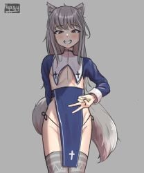 1girls animal_ears blush female flat_chest imminent_exposure myuri_(spice_and_wolf) nun nyaxxy red_eyes revealing_clothes silver_hair smile solo solo_female spice_and_wolf standing tagme tail thighhighs thighs young young_female