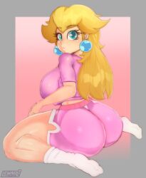 1girls absurd_res artist_name ass big_ass big_breasts big_butt blonde_hair blue_eyes breasts bubble_ass bubble_butt earrings eye_contact female female_only grey_border highres lewnoli light_skin long_hair looking_at_viewer looking_back mario_(series) nintendo princess_peach shorts sitting solo thick_thighs thighs watermark