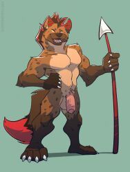 2022 3:4 anthro balls claws closed_eyes foreskin genitals hand_on_hip hedonybite64 hi_res holding_object holding_spear holding_weapon hyaenid male mammal mane markings melee_weapon muscular nude penis polearm pubes red_markings smile smiling_at_viewer solo spear standing striped_markings stripes toony weapon