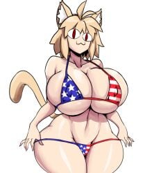 1girls :3 american_flag american_flag_bikini animal_ears anthro big_breasts bikini blonde_hair breasts carnival_phantasm cat_ears cat_tail female female_only huge_breasts light_skin melty_blood neco-arc nipple_bulge red_eyes shiny_skin short_hair solo solo_female standing thecon thick_thighs thighs thong tsukihime type-moon wide_hips