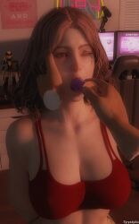 3d breasts dildo dildo_in_mouth disembodied_hand disembodied_hands elden_ring fromsoftware holding_face large_breasts looking_at_another melina_(elden_ring) one_eye_closed one_eye_open red_bra tyryndyika yellow_eyes