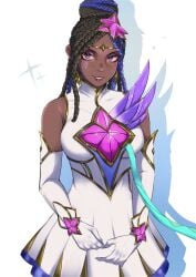 1girls bare_shoulders blush braided_hair dark-skinned_female dark_skin deliciousbra dress gloves league_of_legends looking_at_viewer pleated_dress pleated_skirt riot_games senna_(league_of_legends) smile star_guardian_senna star_guardian_series two_tone_hair