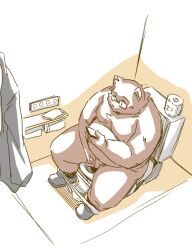 2022 anthro bathroom belly big_belly cellphone clothed clothing eyewear fur glasses kemono male mammal masturbation overweight overweight_male partially_clothed phone sitting smartphone solo takagi_kyou toilet underwear underwear_down ursid