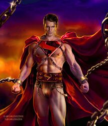 1boy actor bound bulge cape carlos_gzz caucasian caucasian_male celebrity chains clark_kent dc dc_extended_universe henry_cavill in_character kal-el looking_at_viewer male male_only muscles muscular muscular_male solo solo_male superman tied_up