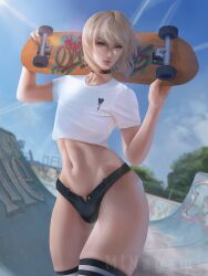 blonde_hair bulge choker crop_top eye_contact eyelashes femboy feminine_male girly graffiti green_eyes human jean_shorts male male_only mintwo realistic skate_park skateboard skater socks solo solo_focus thick_ass thick_legs thick_thighs thigh_gap thigh_highs thighhighs thighs white_skin