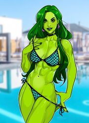 1girls abs background big_breasts bikini bikini_bottom_pull choker earrings female female_abs female_only girl_abs girly_abs green-skinned_female green_body green_eyes green_hair green_skin hoop_earrings hulk_(series) large_breasts long_hair marvel marvel_comics minko pool poolside seductive she-hulk side-tie_bikini solo solo_female toned toned_female