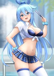 1girls aqua_(konosuba) blue_eyes blue_hair blush bra breasts female female_only jam_pentail jampen kono_subarashii_sekai_ni_shukufuku_wo! legwear light-skinned_female light_skin long_hair miniskirt revealing_clothes skirt solo standing thick_thighs thighhighs thighs