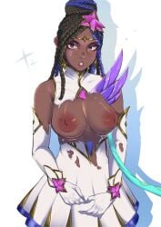 1girls bare_shoulders braided_hair dark-skinned_female deliciousbra dress embarrassed enf exposed_breasts gloves league_of_legends riot_games senna_(league_of_legends) smile star_guardian_senna star_guardian_series surprised torn_clothes two_tone_hair