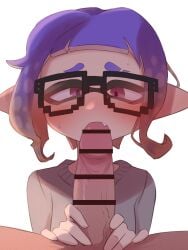 1boy 1girls 8-bit_(splatoon) anemoneno1_(splatoon) animal_humanoid anthro blank_background blowjob blue_hair blush cephalopod cephalopod_humanoid fangs glasses humanoid inkling inkling_girl mask_(marking) nintendo organ_rn pink_eyes pointy_ears pseudo_hair purple_eyes splatoon splatoon_(series) splatoon_3 squid sweat sweatdrop sweater tentacle tentacle_hair white_background