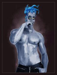 blue_skin disney fire fire_hair greek_mythology hades_(hercules) hercules_(disney) jeans lcslayer looking_away male male_only muscles muscular muscular_male shirtless_male treasure_trail