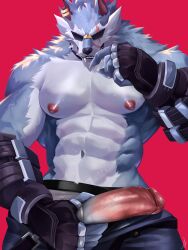 anthro balls bara barazoku big_penis blue_fur boner dislyte erection freddy_(dislyte) furry gay holding_penis ig ig1119 male male_only muscles muscular penis scar scar_across_eye shirtless solo solo_male sunglasses sweaty wolf