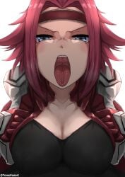 1girls awaiting_cum big_breasts blue_eyes blush breasts cleavage code_geass deepthroat_invitation eye_contact female female_only hairband kallen_stadtfeld looking_at_viewer mouth_shot open_mouth oral_invitation red_hair solo solo_female tomodachi_(tomofanart) tongue tongue_out upper_body