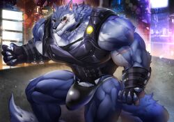 anthro balls bara barazoku big_muscles big_pecs blue_fur bulge dislyte freddy_(dislyte) furry gay magangz male male_only muscles muscular penis scar scar_across_eye solo solo_male sunglasses wolf