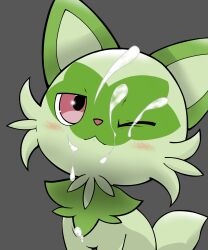 amatsukitsune ambiguous_gender blush bodily_fluids cum cum_on_face feral generation_9_pokemon genital_fluids green_body hi_res icon looking_at_viewer nintendo one_eye_closed pokemon pokemon_(species) pokemon_sv simple_background solo sprigatito video_games