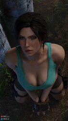 1girls 3d black_hair blender_(software) cleavage female female_only hands_tied lara_croft lara_croft_(survivor) large_breasts looking_at_viewer red_lj restrained solo tied_hair tomb_raider