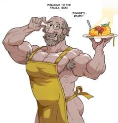 apron apron_only bara bulge daddy dialogue dinner glasses jack_baker male male_only muscles muscular muscular_male old resident_evil vinceart2