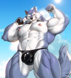 anthro balls bara barazoku blue_fur bulge dislyte flexing freddy_(dislyte) furry gay looking_at_viewer looking_down low-angle_view male male_only muscles muscular penis rossciaco scar scar_across_eye smiling solo solo_male wolf