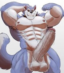 anthro balls bara barazoku big_balls big_penis blue_fur boner dislyte erection flexing freddy_(dislyte) furry gay looking_at_viewer male male_only muscles muscular penis precum scar scar_across_eye solo solo_male sunglasses tail vitashi wolf