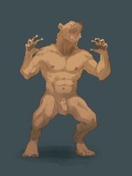 2019 abs animal_genitalia anthro brown_body brown_fur claws fully_sheathed fur genitals hi_res looking_at_viewer male mammal muscular navel nipples nude open_mouth pngx_(artist) pose raised_arms roaring sheath simple_background smile snarling solo standing ursid