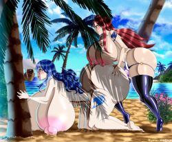 2girls beach big_ass big_breasts blue_hair breasts_bigger_than_head breasts_bigger_than_torso curvaceous curvy curvy_body curvy_female curvy_figure detailed detailed_background different_ass_sizes ero-enzo erza_scarlet fairy_tail female grabbing_ass huge_areolae huge_ass huge_breasts huge_nipples juvia_lockser long_hair multiple_girls palm_tree red_hair rtenzo strap-on tattoo_on_butt tattooed_arm voluptuous yuri