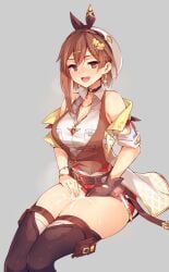 :d atelier_(series) atelier_ryza bare_shoulders belt beret black_choker black_footwear boots breasts brown_eyes brown_gloves brown_hair choker commentary cum cum_on_legs earrings female gloves grey_background hair_ornament hairclip hands_on_own_thighs hat heavy_breathing highres jacket jewelry large_breasts looking_at_viewer micro_shorts necklace off_shoulder open_clothes open_jacket open_mouth pouch red_shorts reisalin_stout ricegnat short_hair short_sleeves shorts simple_background single_glove sitting smile solo star_(symbol) star_choker thigh_boots thigh_strap thighhighs thighhighs_under_boots thighs white_headwear white_jacket white_thighhighs wing_collar