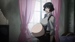 1girls 2d belly big_belly big_breasts black_hair breasts devil_may_cry edit female female_only lady_(devil_may_cry) morphtothetop pregnant screenshot_edit solo