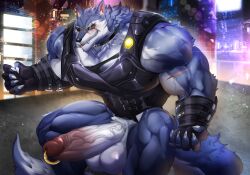 anthro balls bara barazoku big_balls big_muscles big_pecs big_penis blue_fur boner dislyte erection freddy_(dislyte) furry gay magangz male male_only muscles muscular penis penis_piercing prince_albert_piercing scar scar_across_eye solo solo_male sunglasses wolf