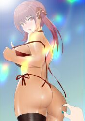 2girls absurdres ass back bikini black_legwear blue_nails breasts female female_only heterochromia highres hololive hololive_fantasy hololive_japan houshou_marine large_breasts lens_flare long_hair looking_back multiple_girls open_mouth red_bikini red_eyes red_hair seven_(corea0918) side-tie_bikini_bottom solo_focus swimsuit thighhighs twintails untied untied_bikini virtual_youtuber wet yellow_eyes