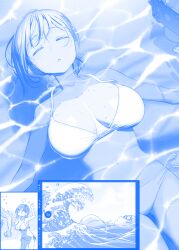 1boy 1girls afloat ai-chan_(tawawa) angry asymmetrical_hair beach big_breasts bikini blush breasts clenched_hands closed_eyes closed_mouth day from_above getsuyoubi_no_tawawa highres himura_kiseki illustration monochrome ocean outdoors side-tie_bikini side-tie_panties sideboob string_bikini swimsuit thighs water waves wet