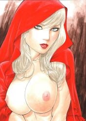 1girls big_breasts blonde blonde_hair bulging_breasts busty ed_benes_studio erect_nipples grimm_fairy_tales_zenescope light-skinned_female little_red_riding_hood long_hair looking_at_viewer milf nipple_bulge pale-skinned_female pink_nipples red_lipstick rubismar_da_costa seductive_eyes seductive_look tagme upper_body