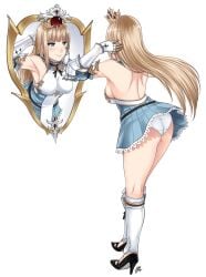 1girls backless_dress blonde_hair breasts crown dress elysia_(seven_knights) female gauntlets high_heels large_breasts long_hair mirror panties seven_knights skirt solo tagme upskirt white_panties xtermination