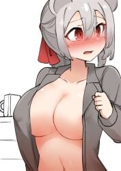 areola_slip big_breasts blush blushing breasts cup cute daebom female female_only grey_hair light-skinned_female light_skin looking_away maus mouse_ears mouse_girl mouse_tail navel open_clothes open_shirt red_eyes sideboob solo tagme war_thunder