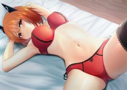 ass_visible_through_thighs blush bra breasts embarrassed female horns i_have_been_killing_slimes_for_300_years_and_maxed_out_my_level lace-trimmed_bra lace-trimmed_panties laika_(slime_taoshite_300_nen) on_back on_bed slime_taoshite_300_nen_shiranai_uchi_ni_level_max_ni_nattemashita solo spread_legs thighs