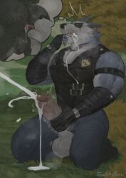 after_fellatio after_oral anthro ass balls bara barazoku big_balls big_penis blaidd_(elden_ring) blue_fur boner crossover cum cum_in_mouth daydream dislyte dreaming elden_ring erection fanofthefurr fingers_in_mouth freddy_(dislyte) fromsoftware fully_clothed furry gay licking_ass male male_only masturbation muscles muscular on_knees orgasm penis penis_out scar scar_across_eye sunglasses wolf