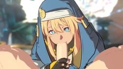 2boys 3d animated blonde_hair blowjob blue_eyes bridget bridget_(guilty_gear) clothing erection fellatio fingerless_gloves guilty_gear guilty_gear_strive hair_between_eyes handjob heart-shaped_pupils hearts human large_penis long_hair looking_at_viewer male/male male_on_male no_sound oral oral_sex otoko_no_ko pale_skin penis pov pov_blowjob rougenine video yaoi