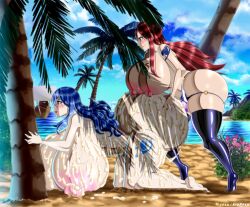 2girls beach big_ass big_breasts blue_hair breasts_bigger_than_head breasts_bigger_than_torso cum cum_on_ass cum_on_body cum_on_breasts curvaceous curvy curvy_body curvy_female curvy_figure detailed detailed_background ero-enzo erza_scarlet fairy_tail female grabbing_ass huge_areolae huge_ass huge_breasts huge_nipples juvia_lockser long_hair multiple_girls palm_tree red_hair rtenzo strap-on tattoo_on_butt tattooed_arm voluptuous yuri