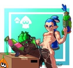 2boys anal anal_sex animal_humanoid anthro blue_hair cephalopod cephalopod_humanoid chocolate_and_vanilla cum_covered cum_in_ass cum_inside cuttlefrsh_(splatoon) dark-skinned_male dark_skin flaccid flaccid_penis flaccid_while_penetrated gay gay_sex green_hair guns humanoid inkling inkling_boy interracial jerking john_(splatoon) lake_side_nsfw looking_back male male_only mask_(marking) muscles muscular muscular_male nintendo nude nude_male penis pleasure_face pointy_ears pseudo_hair splatoon splatoon_(series) squid squirt_gun standing_doggy_style strap_pull teen_boy tentacle tentacle_hair uncut yaoi