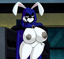 1girls alternate_breast_size animal anthro anthro_only arms_behind_back arms_up background big_breasts breasts bunny_ears bunny_girl bunny_raven colored dc dc_comics edits looking_at_viewer nativefall nipples pose rabbit rabbit_ears rachel_roth raven_(dc) teen_titans white_skin