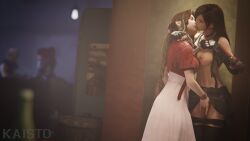 1boy 3d 3girls aerith_gainsborough artist_name black_hair black_skirt breasts brown_hair closed_eyes clothes_lift cloud_strife dress female final_fantasy final_fantasy_vii final_fantasy_vii_remake fingering gloves highres indoors jessie_rasberry kaisto kaisto3d kissing long_hair multiple_girls pink_dress shirt_lift skirt tifa_lockhart yuri