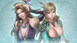 2girls 3d 3d_(artwork) areolae armwear asian asian_female bangs big_breasts blonde_hair breasts_out chinese_clothes cleavage cyan_background deep_cleavage dress dynasty_warriors dynasty_warriors_8 edit edited erect_nipples female female_only hand_on_head headwear large_breasts light_brown_hair milf necklace neckwear nipples official_art ponytail stepdaughter stepmother stepmother_and_stepdaughter tied_hair wang_yuanji zhang_chunhua