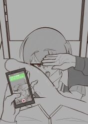 1boy 1girls cellphone covering_eyes heart-shaped_pupils kawaii_dake_ja_nai_shikimori-san looking_at_viewer monochrome netorare penis recording shikimori_micchon suggs text_messaging