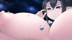 1girls areolae astronomical_hyper black_hair blue_eyes breasts breasts_bigger_than_planet destruction giantess gigantic_breasts glasses huge_breasts huge_nipples macro maid nipples ochiko_terada planet space