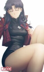 adult ass bare_legs black_clothing blush breasts cropped_jacket cross cross_necklace curvy dress earrings female female_only highres jacket jewelry k19 legs long_hair looking_away mature_female milf misato_katsuragi necklace neon_genesis_evangelion panties pantyshot purple_hair red_clothing red_jacket sitting skirt solo thighs turtleneck underwear watermark web_address white_background white_panties